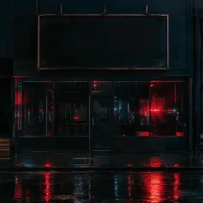 雨夜空广告灯箱与红色霓虹反光，解约事件榜单缩略图