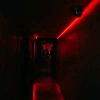 红色霓虹灯条与监控摄像头构成的夜店走廊，暗黑榜单缩略图